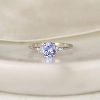 0.98ct Ready to Ship Maddy 14kt White Gold Cornflower Lavender Sapphire Diamond Dainty Oval Cluster 3 Stone Ring,Rosados Box