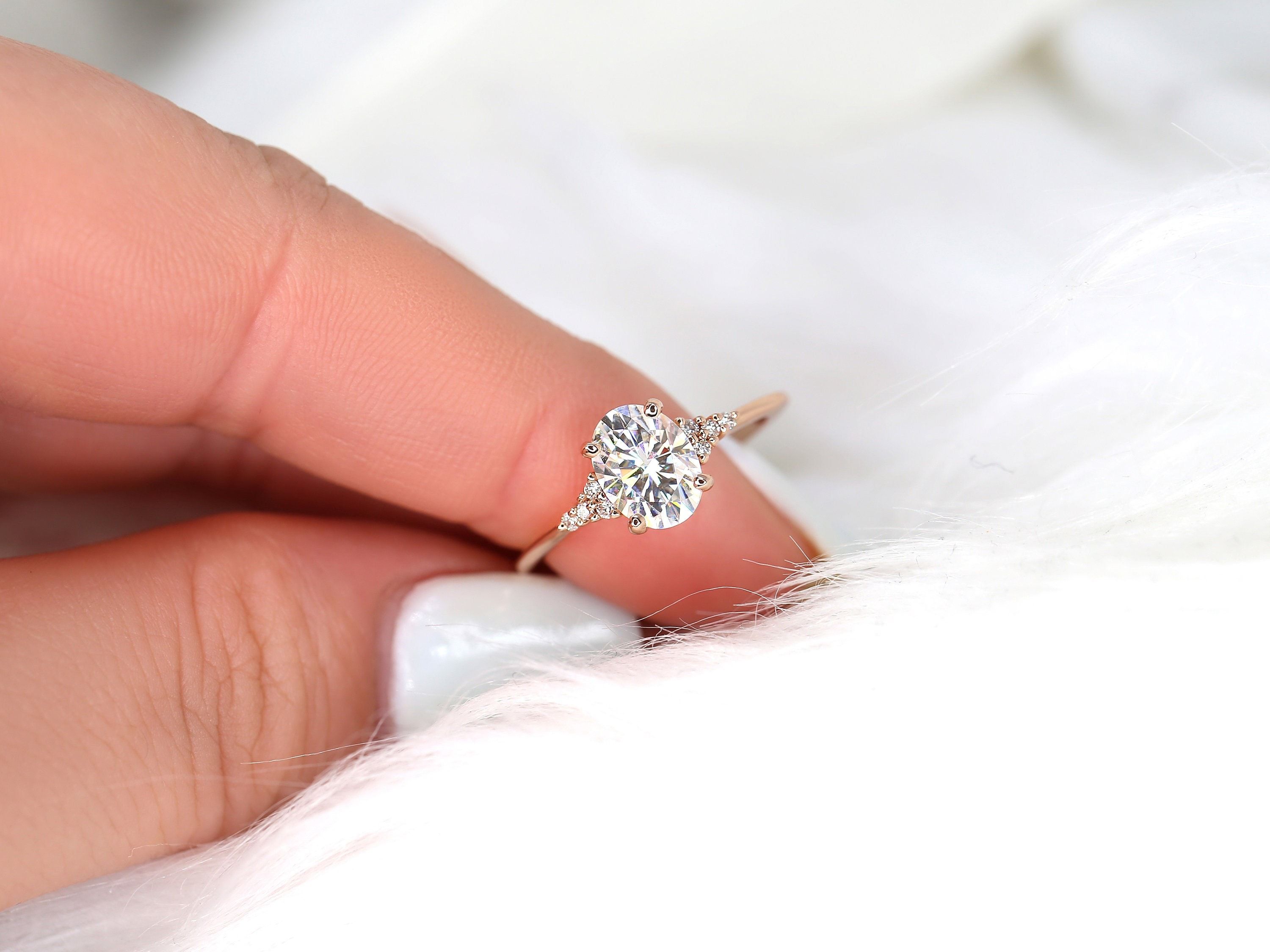 1.50ct Ready to Ship Maddy 8x6mm 14kt WHITE Gold NEO Moissanite Diamonds Dainty Oval Cluster Engagement Ring