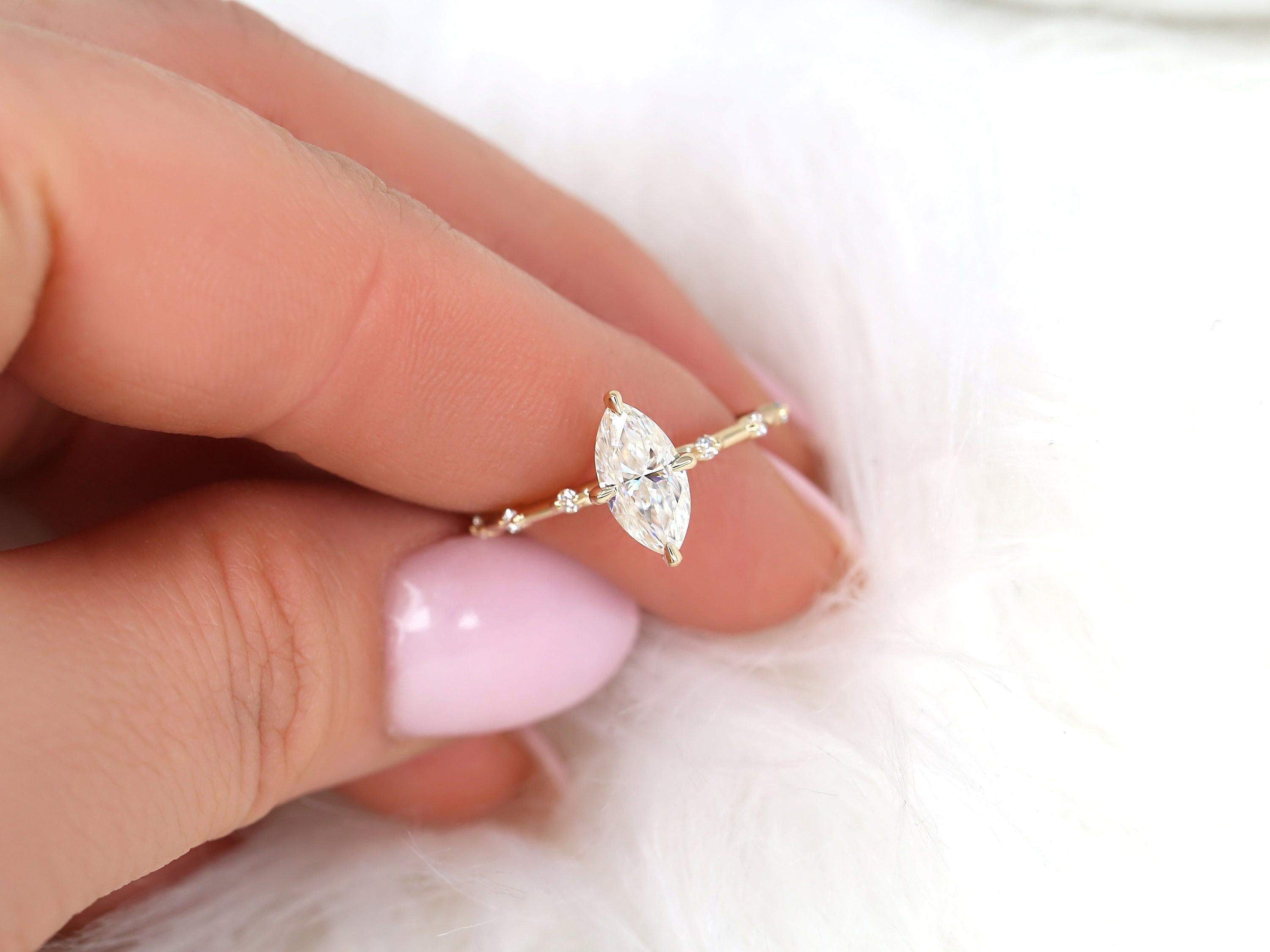 Ready to Ship Arya 10x5mm 14kt Yellow Gold Forever One GH Moissanite Diamond Dainty Solitaire Marquise Engagement Ring