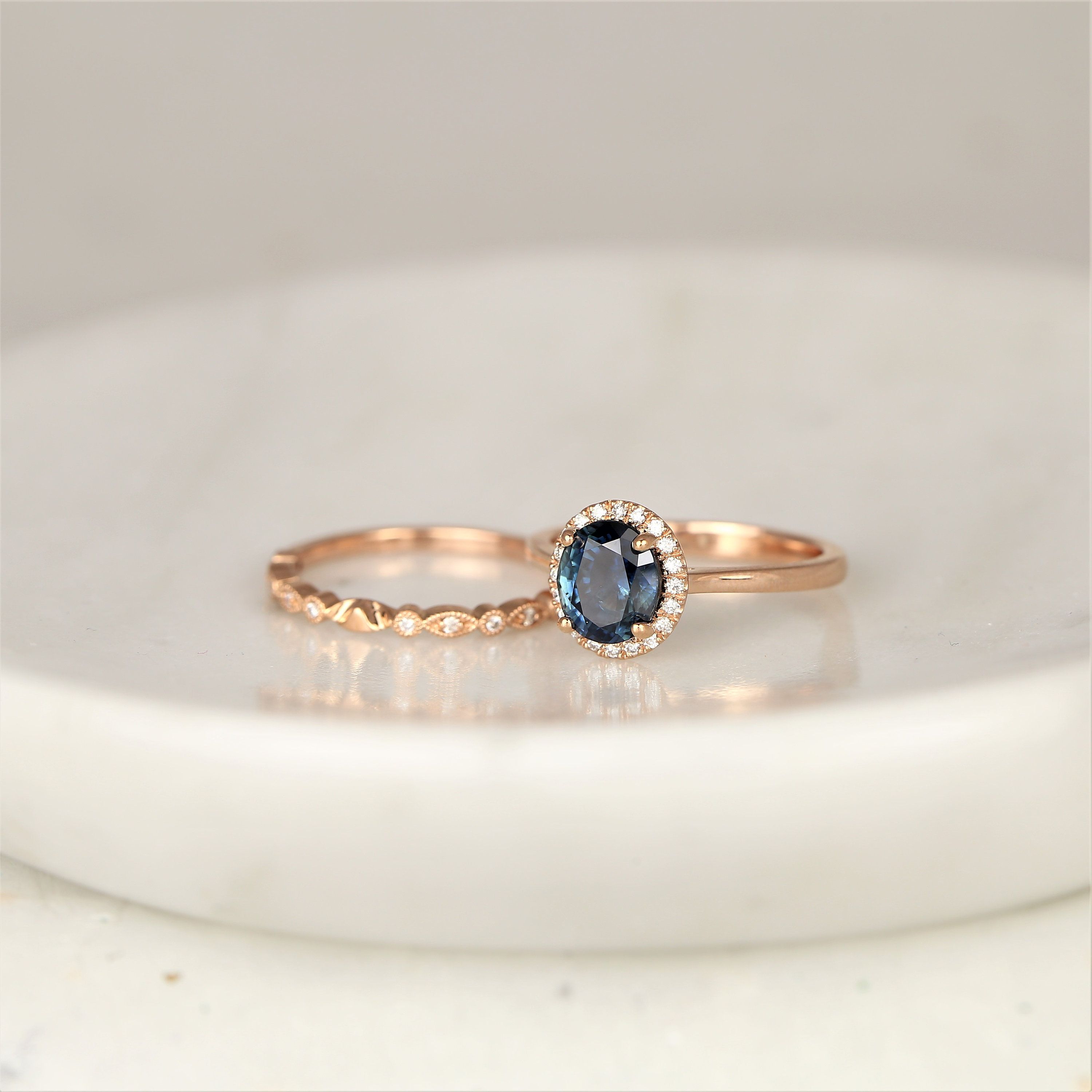 2.33ct Ready to Ship Molly & Gwen 14kt Rose Gold Ocean Blue Teal Sapphire Diamond Art Deco Oval Halo Bridal Set by Rosados Box