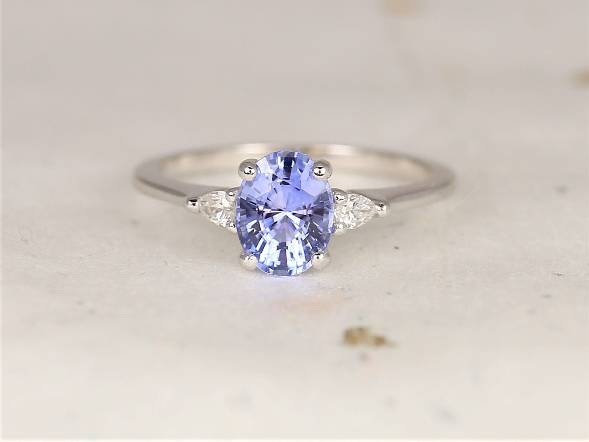 Rosados Box 1.34cts Ready to Ship Petite Emery 14kt White Gold Cornflower Lavender Sapphire Diamond Pear 3 Stone Oval Engagement Ring