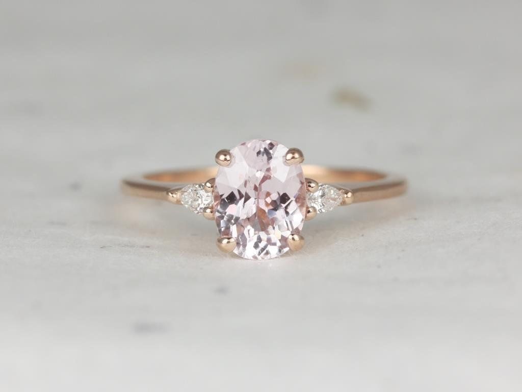 Rosados Box Ready to Ship Petite Emery 1.65cts 14kt Rose Gold Oval Blush Peach Sapphire Diamond 3 Stone Engagement Ring