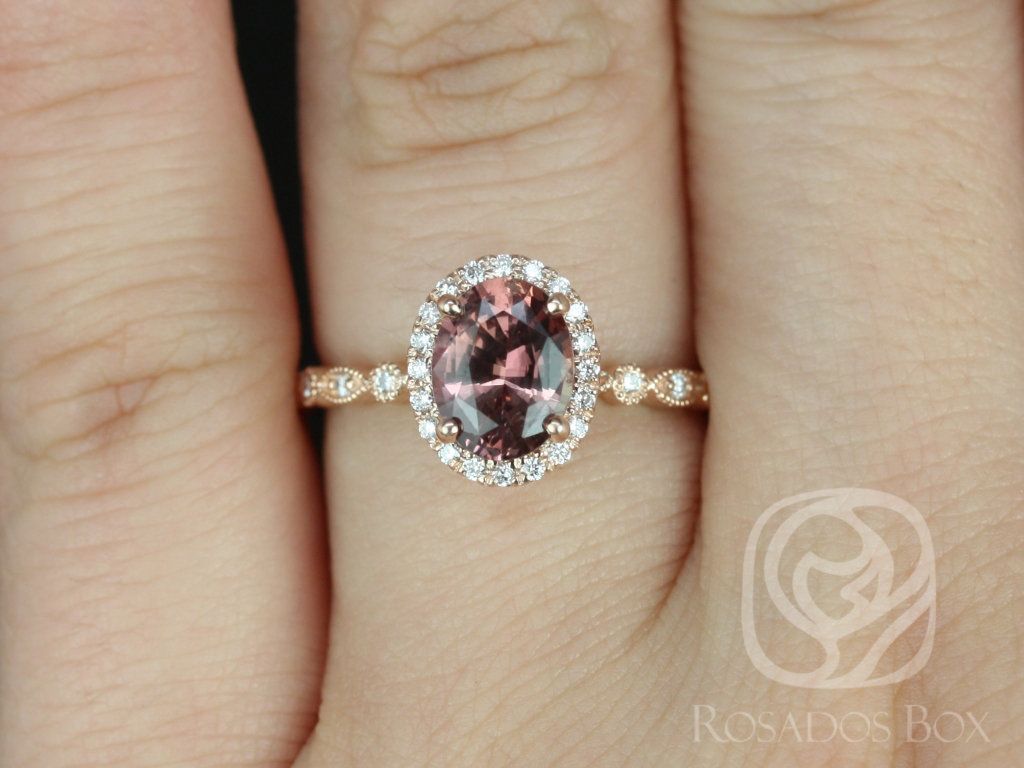 1.49ct Ready to Ship Gwen 14kt Rose Gold Oval Cinnamon Red Sapphire and Diamonds Vintage Halo WITH Milgrain Engagement Ring
