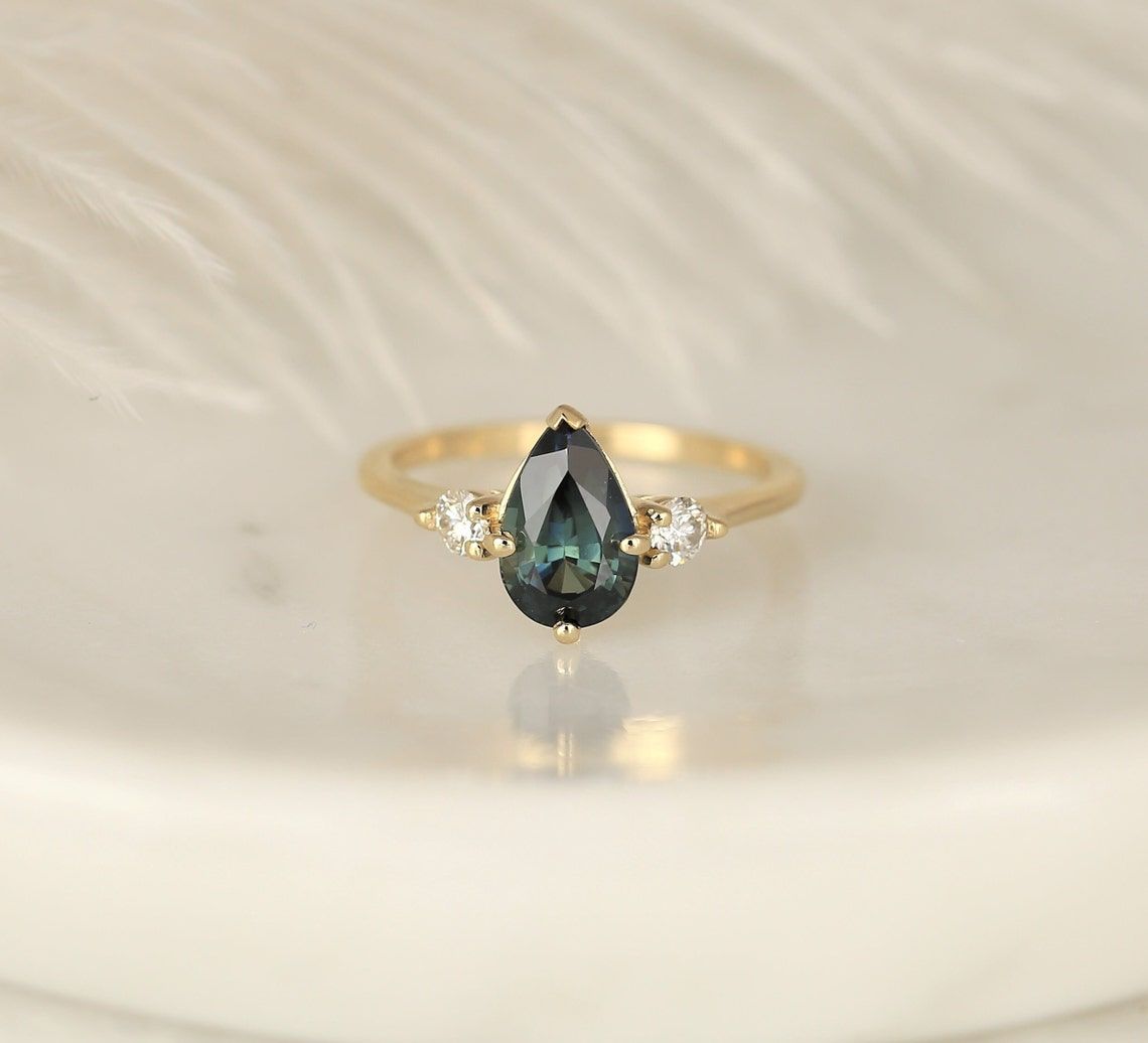 2.17ct Ready to Ship Greta 14kt Solid Gold Ocean Teal Sapphire Diamond Minimalist 3 Stone Pear Engagement Ring 