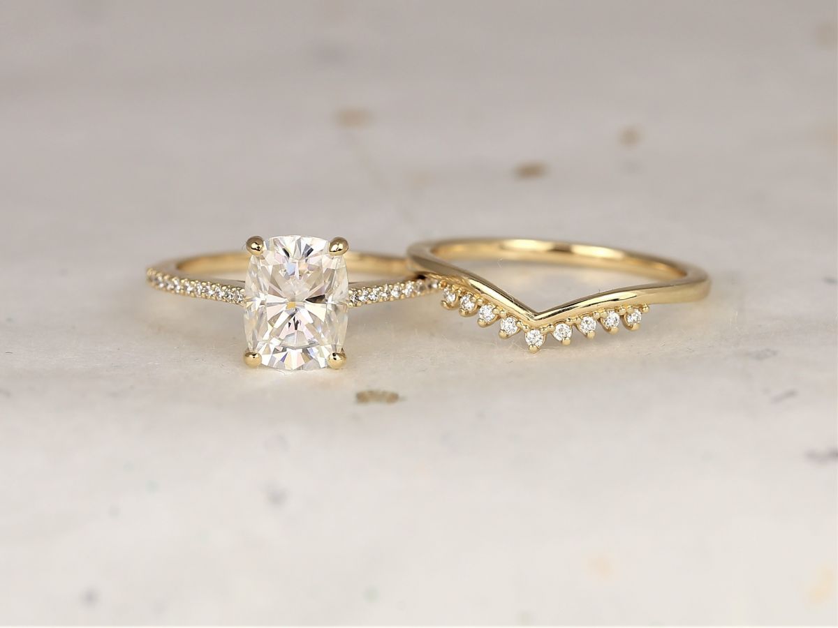 2.30cts Blair 9x7mm & Lonnie 14kt Solid Gold Forever One Moissanite Diamond Dainty Rectangle Cushion Unique Wedding Set Rings,Rosados Box