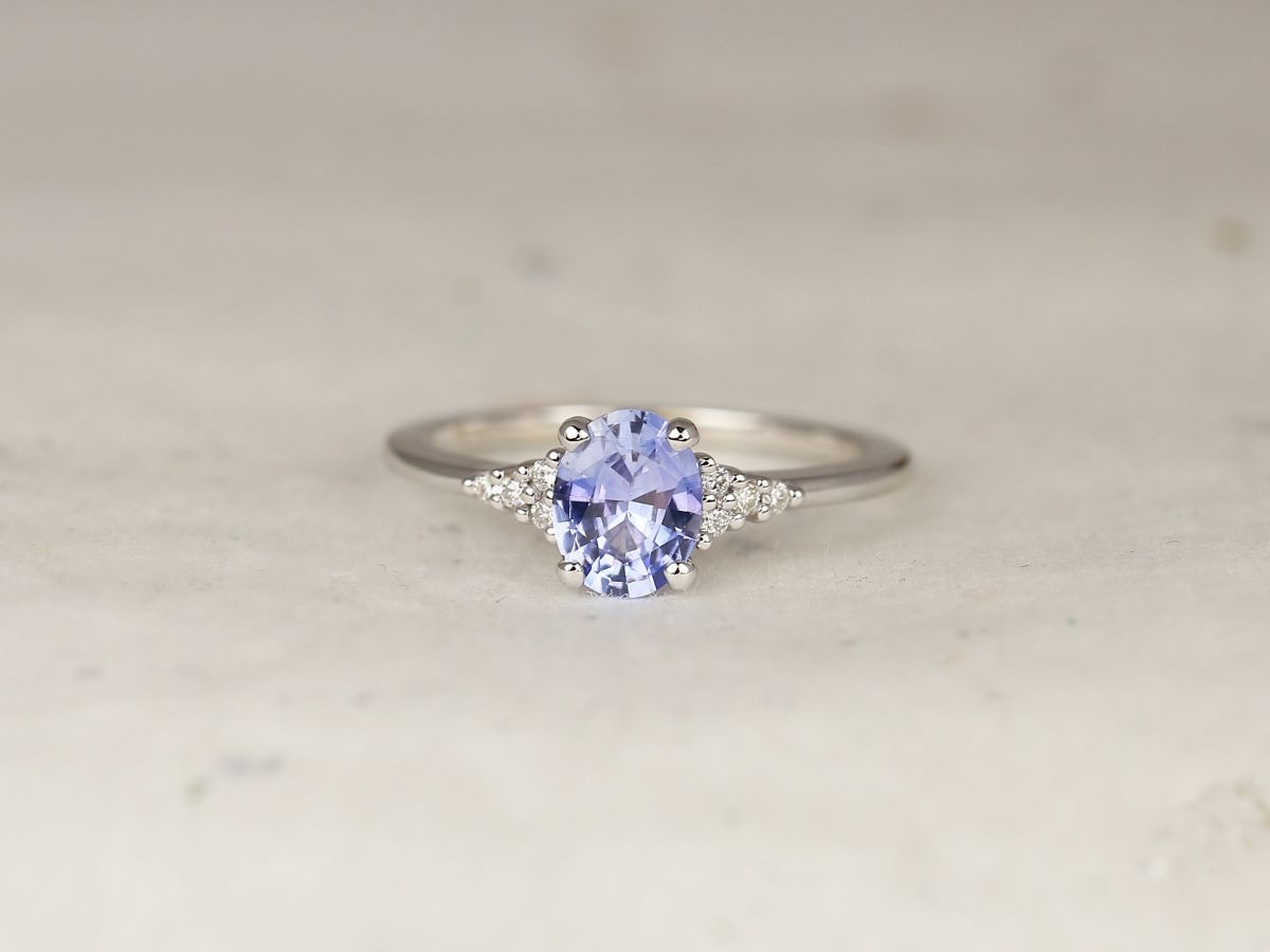 0.98ct Ready to Ship Maddy 14kt White Gold Cornflower Lavender Sapphire Diamond Dainty Oval Cluster 3 Stone Ring,Rosados Box