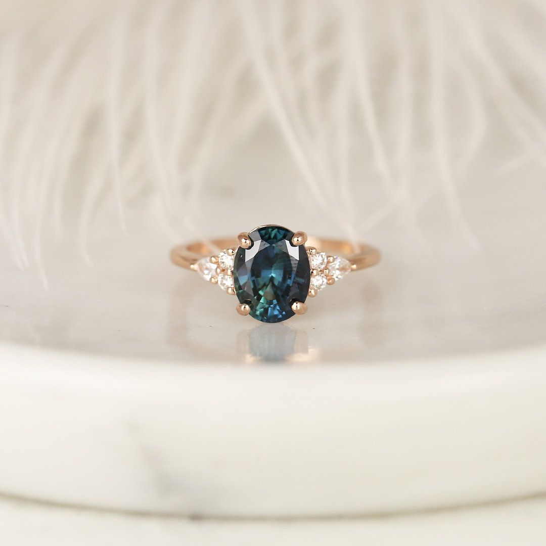 2.60ct Ready to Ship Cindy 14kt Rose Gold Peacock Jungle Teal Oval Sapphire Diamond Cluster 3 Stone Oval Engagement Ring,Rosados Box