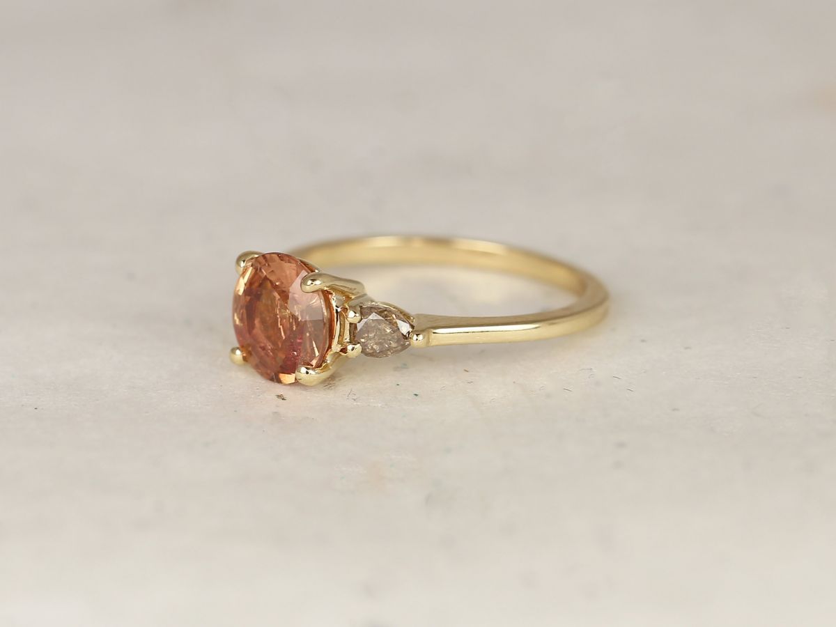 Rosados Box 1.67cts Ready to Ship Elise 14kt Solid Gold Salmon Peach Champagne Sapphire Cognac Diamond Round 3 Stone Unique Engagement Ring