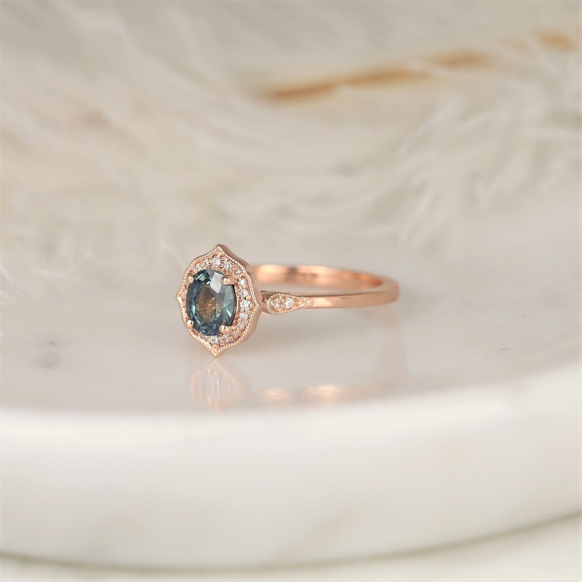0.96ct Ready to Ship Mae 14kt Rose Gold Oval Jungle Teal Sapphire Diamond Unique Oval Halo WITH Milgrain Engagement Ring,Rosados Box