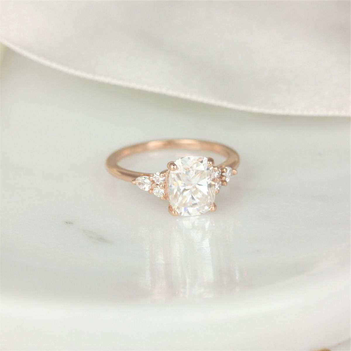 2.30cts Cassie 9x7mm 14kt Moissanite Diamonds Unique Cluster 3 Stone Elongated Cushion Engagement Ring, Rosados Box