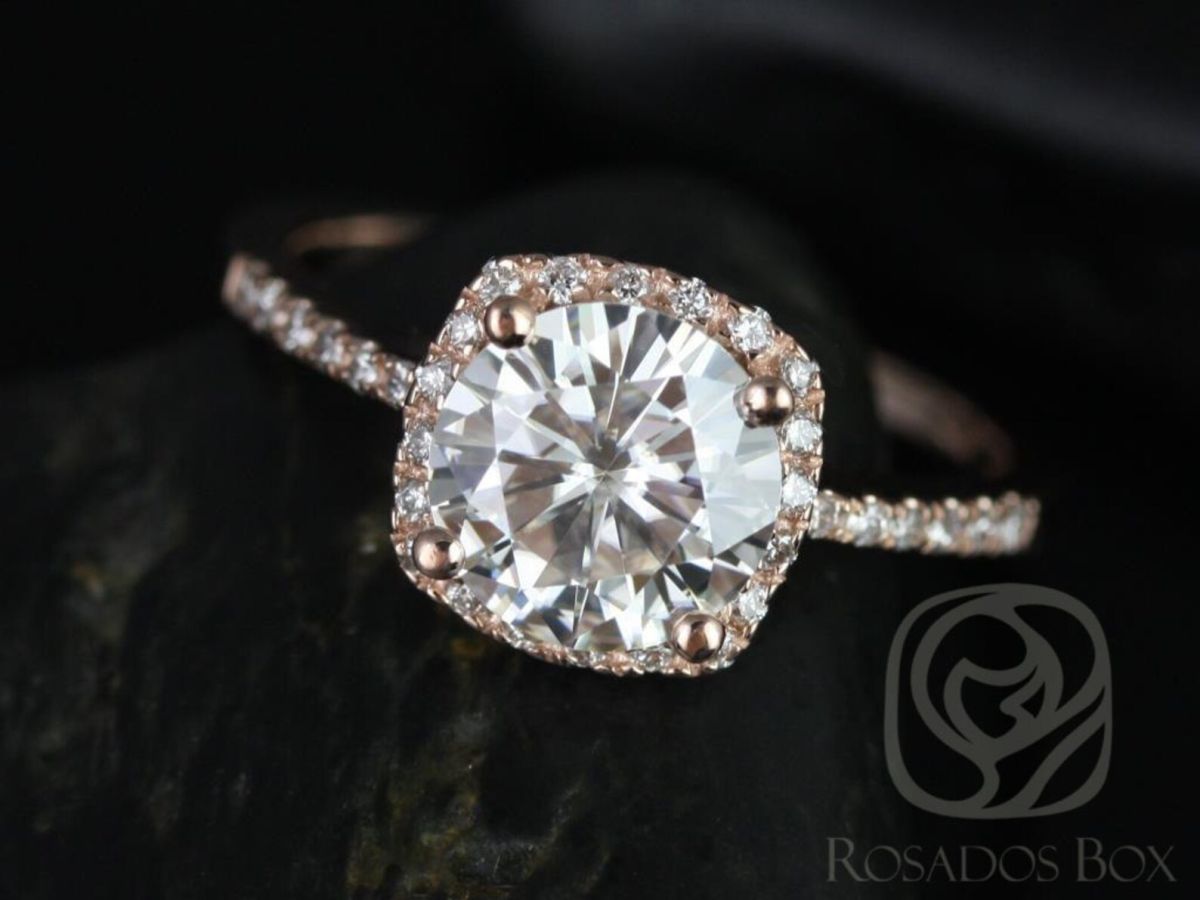 Rosados Box Ready to Ship Barra 8mm 14kt WHITE Gold Round Moissanite Diamonds Thin Cushion Halo Diamond Engagement Ring