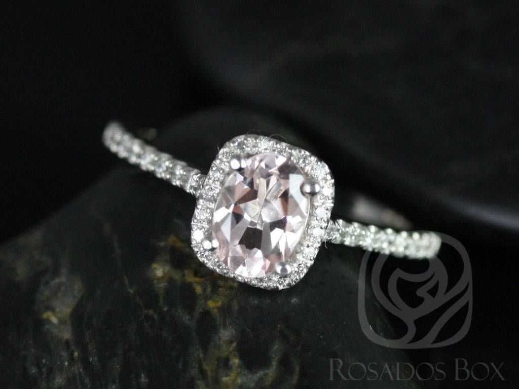 Rosados Box Ready to Ship Romani 7x5mm Platinum Oval Morganite Diamonds Cushion Halo Engagement Ring