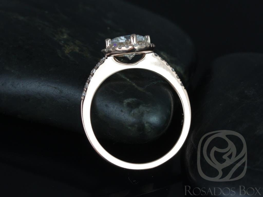 1.25ct Ready to Ship Kitana 7mm 14kt Rose Gold Moissanite Diamonds Dainty Pave Cushion Halo Engagement Ring, Rosados Box