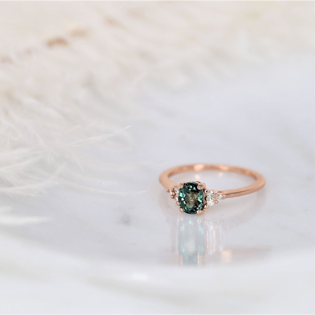 1.00ct Ready to Ship Juniper 14kt Rose Gold Ocean Teal Sapphire Diamond Oval Cluster 3 Stone Ring Rosados Box