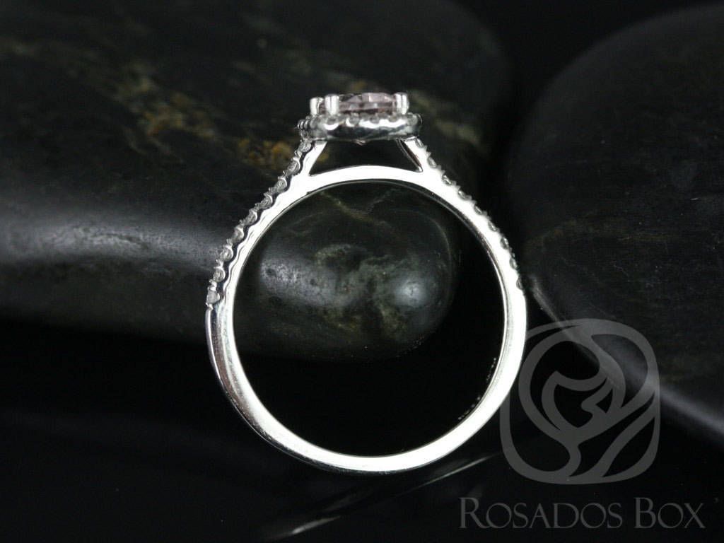 Rosados Box Ready to Ship Romani 7x5mm Platinum Oval Morganite Diamonds Cushion Halo Engagement Ring