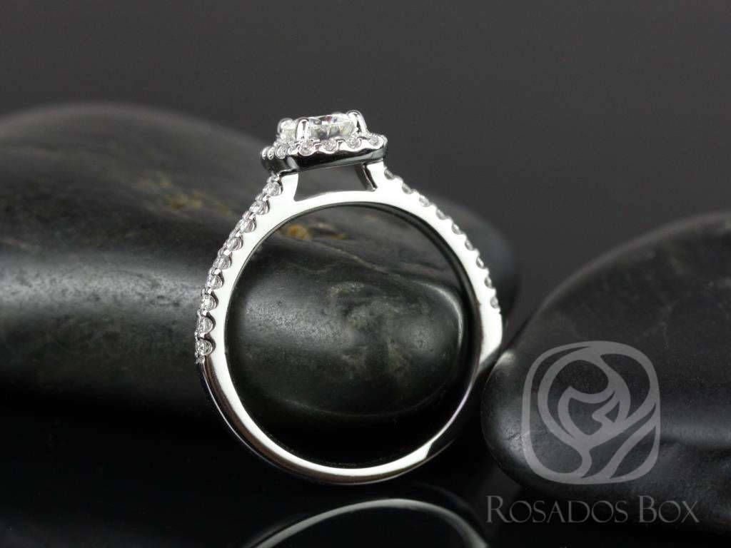 Rosados Box Ready to Ship Mikena 5mm 14kt ROSE Gold Round F1- Moissanite and Diamonds Halo Engagement Ring