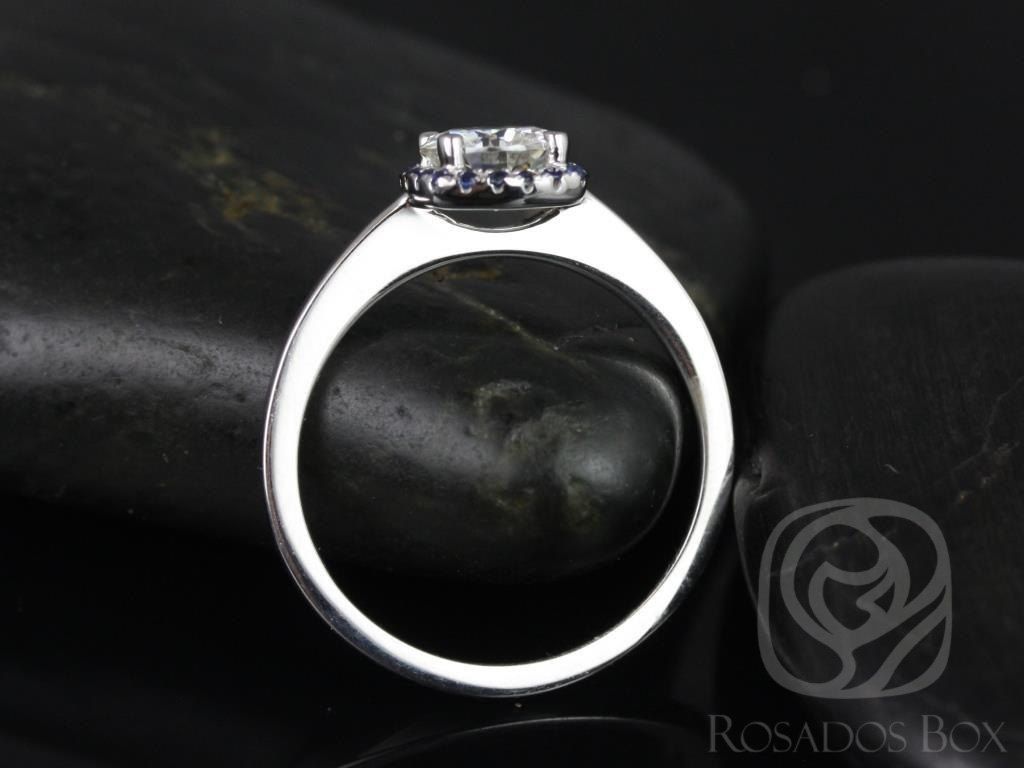 SALE 0.75ct Ready to Ship Bella 6mm 14kt White Gold FB Moissanite Blue Sapphire Cushion Halo Ring by Rosados Box