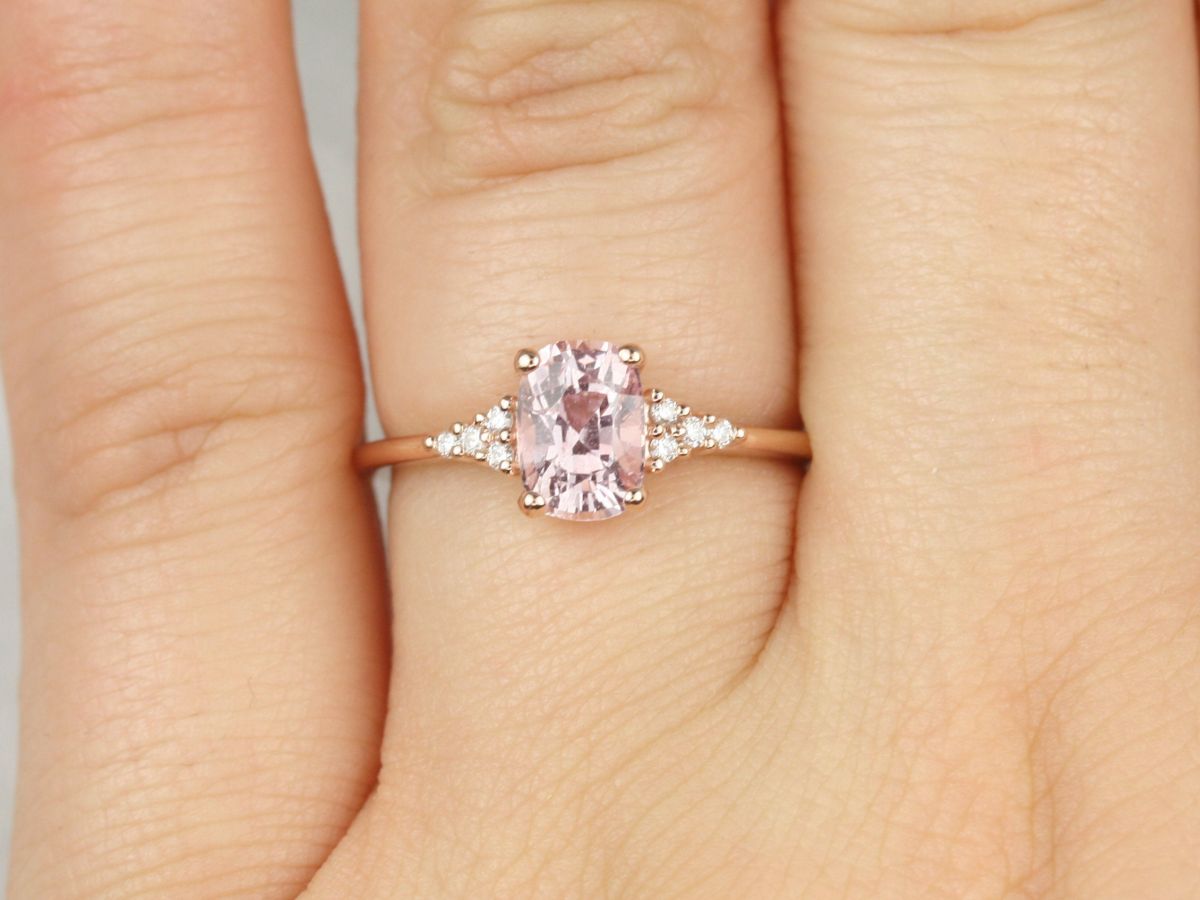 1.35ct Ready to Ship Marlow 14kt Rose Gold Blush Peach Sapphire Diamond Dainty Elongated Cushion Cluster 3 Stone Ring,Rosados Box