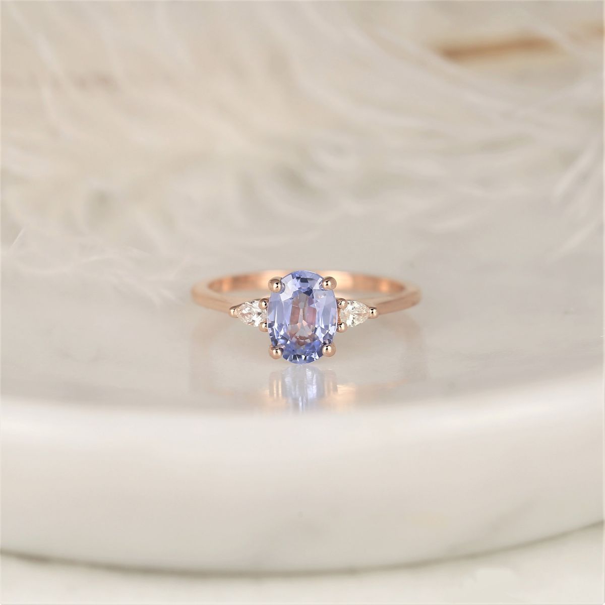 1.43cts Ready to Ship Petite Emery 14kt Rose Gold Cornflower Lavender Sapphire Diamond Pear 3 Stone Oval Engagement Ring,Rosados Box
