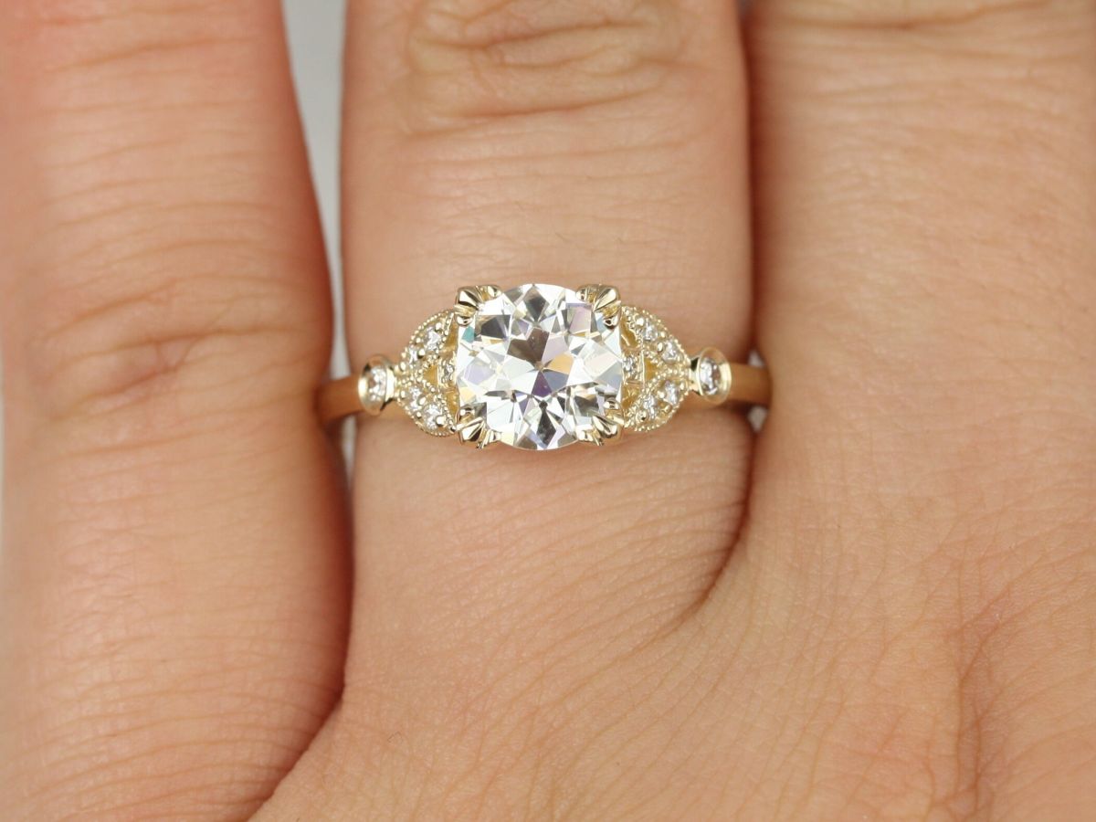 Ready to Ship Antoinette 7mm 14kt Yellow Gold Forever Brilliant Moissanite Diamonds Old Miners Dainty Art Deco Round Engagement Ring