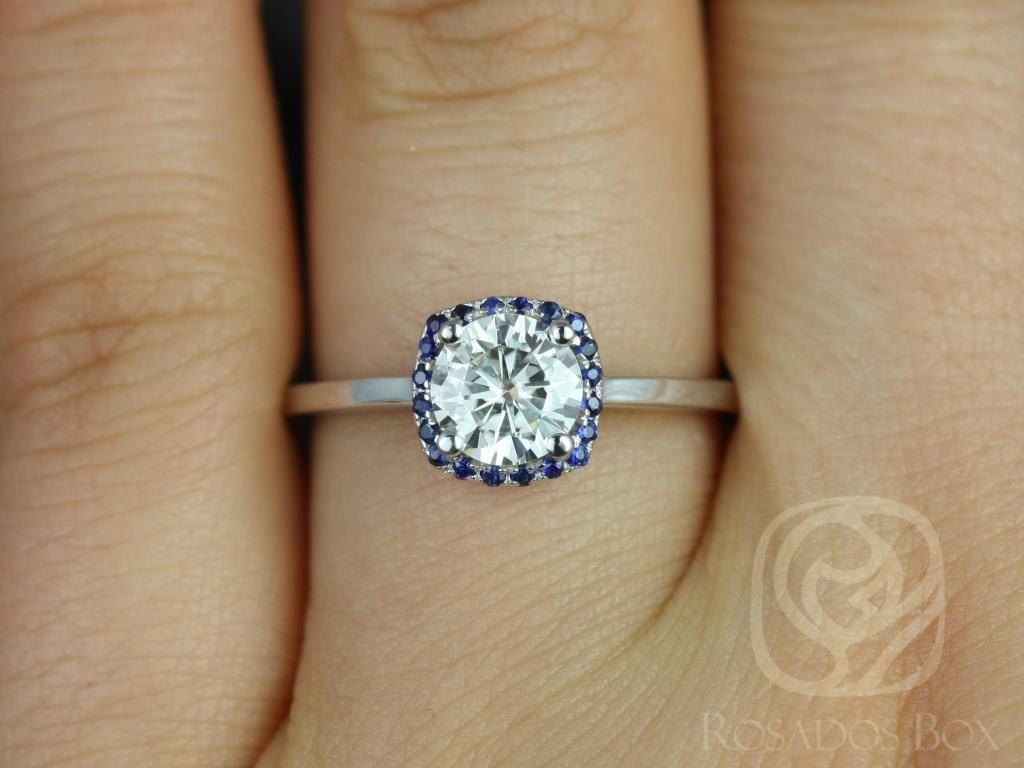SALE 0.75ct Ready to Ship Bella 6mm 14kt White Gold FB Moissanite Blue Sapphire Cushion Halo Ring by Rosados Box