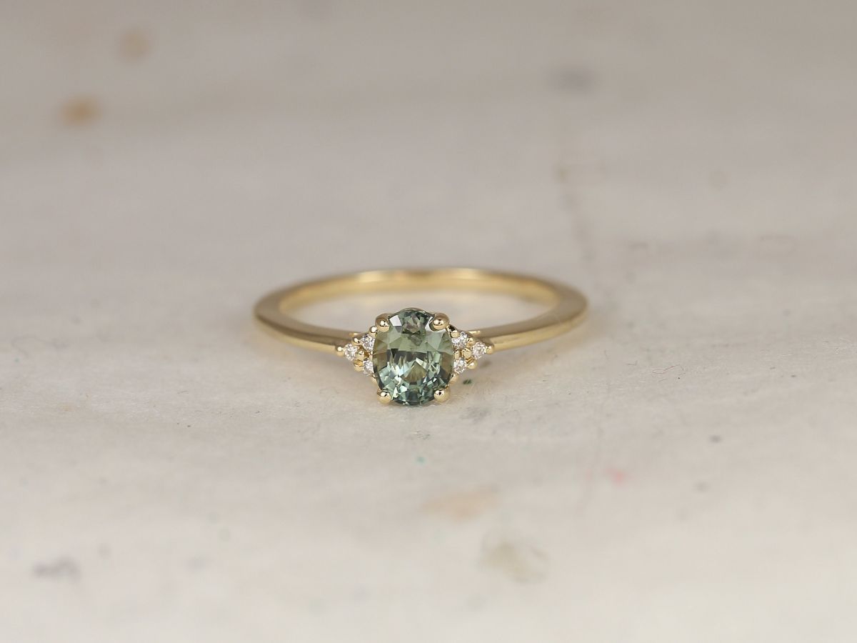0.91ct Ready to Ship Juniper 14kt Gold Peacock Teal Sapphire Diamond Dainty Oval Cluster 3 Stone Ring,Rosados Box