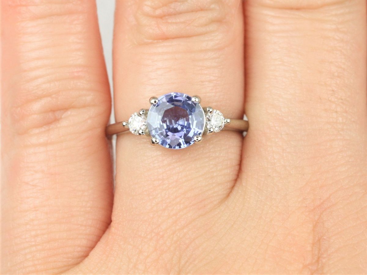 1.65ct Ready to Ship Colette 14kt White Gold Lilac Cornflower Blue Sapphire Diamond Minimalist Round Three Stone Ring