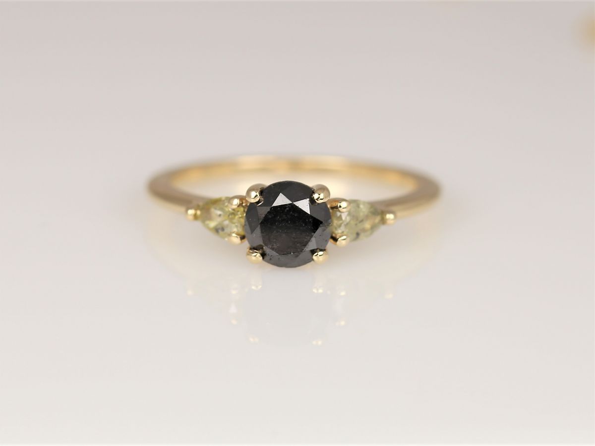 1.06ct Ready to Ship Elise 14kt Gold Black Champagne Diamond Three Stone Round Ring