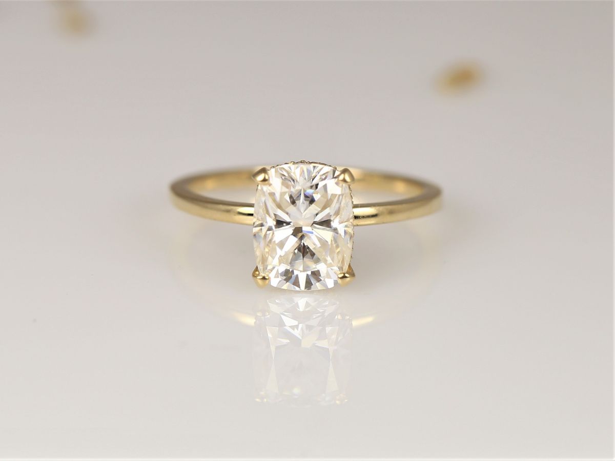 2.30ct LOW Tansy 9x7mm 14kt Gold Moissanite Diamond Cushion Hidden Halo Ring by Rosados Box