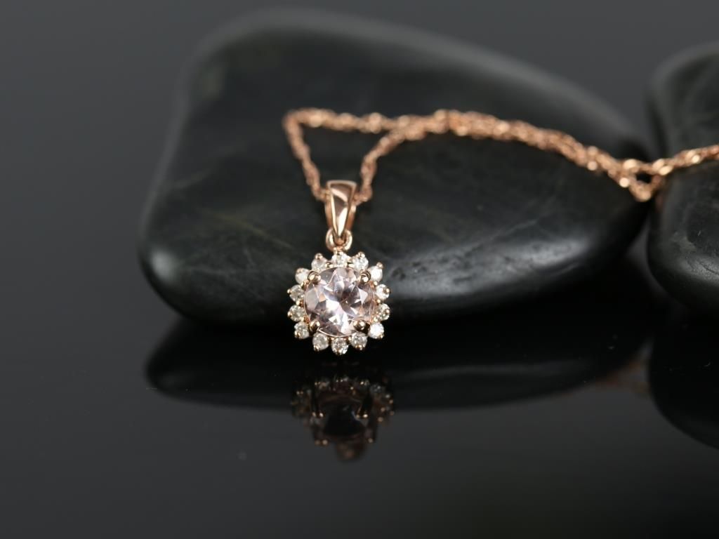Ready to Ship14kt Rose Gold Round 5mm Morganite and Diamond Burst Halo Pendant Necklace