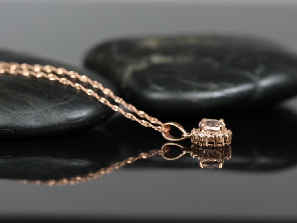 Ready to Ship14kt Rose Gold Round 5mm Morganite and Diamond Burst Halo Pendant Necklace