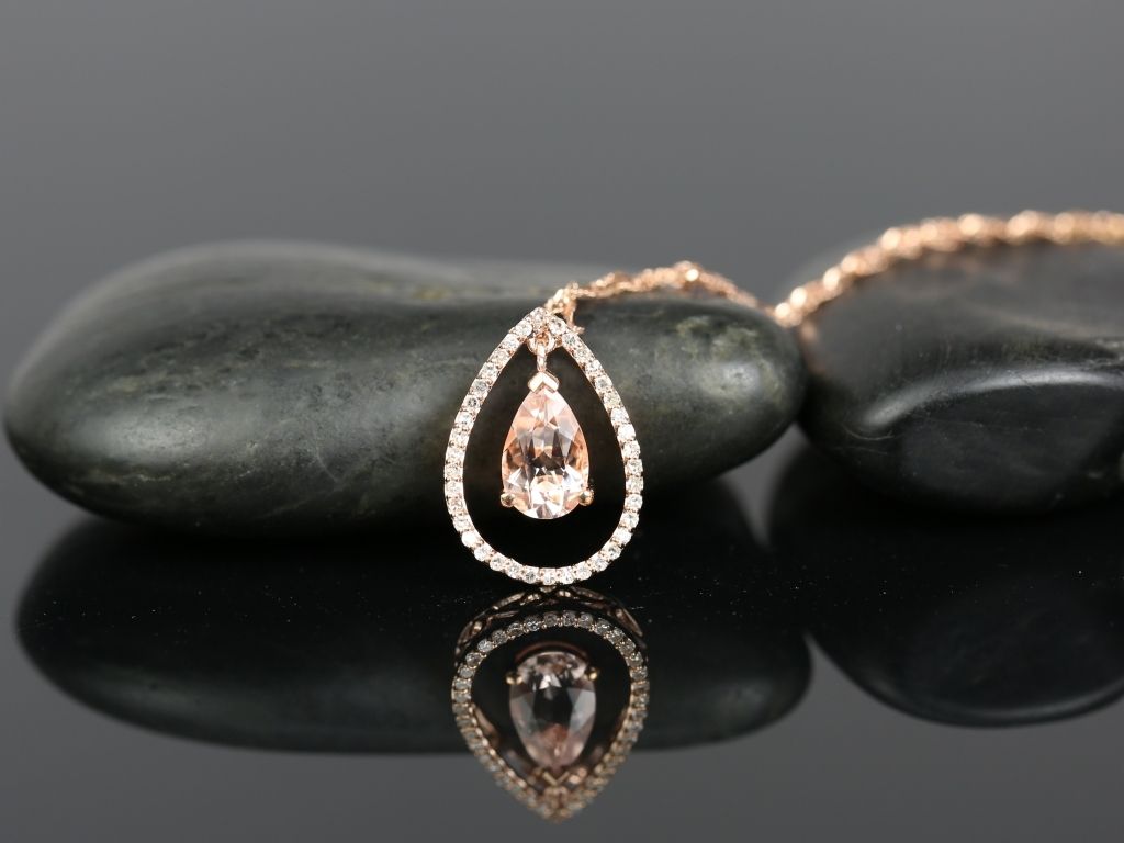 Ready to Ship 14kt Rose Gold Pear 8x5mm Morganite and Diamonds Dangle Floating Pendant Necklace