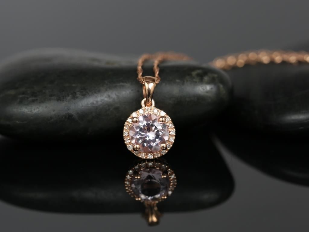 Ready to Ship 14kt Rose Gold Round 7mm Morganite and Diamond Halo Pendant Necklace
