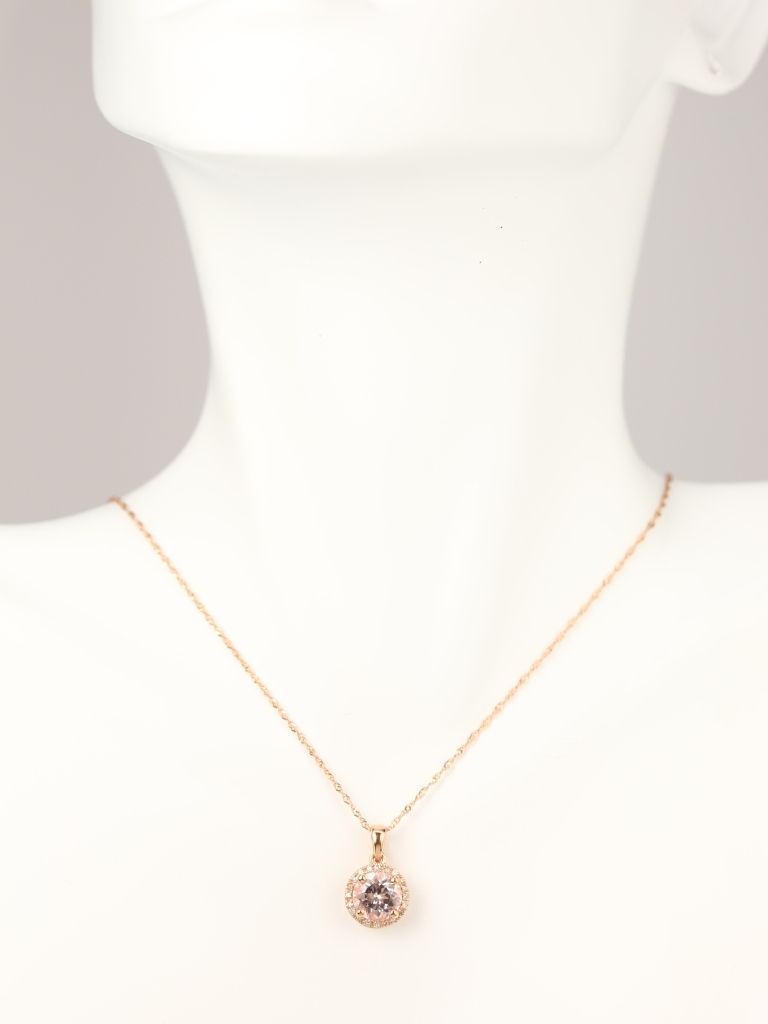 Ready to Ship 14kt Rose Gold Round 7mm Morganite and Diamond Halo Pendant Necklace