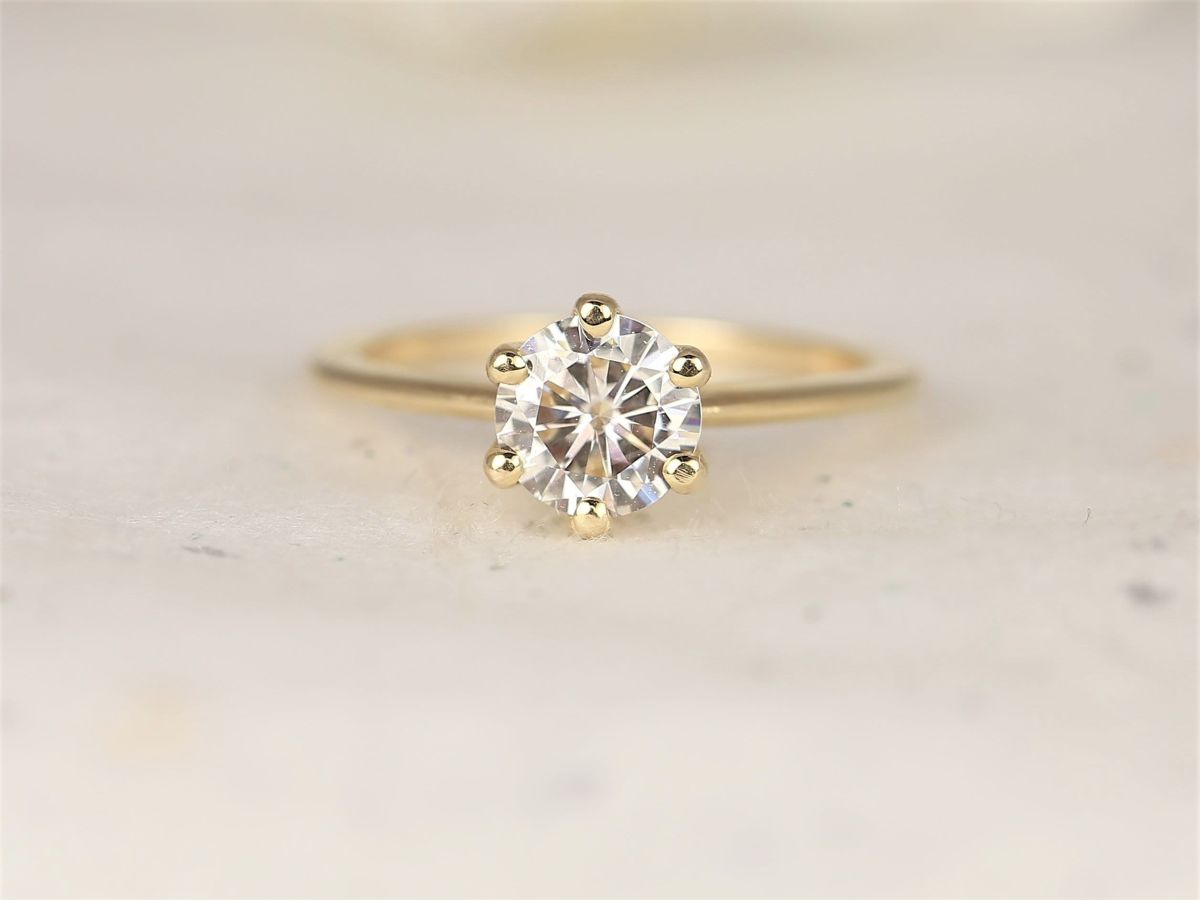 1ct Skinny Webster 6.5mm 14kt Gold Moissanite Six Prong Round Solitaire Ring by Rosados Box