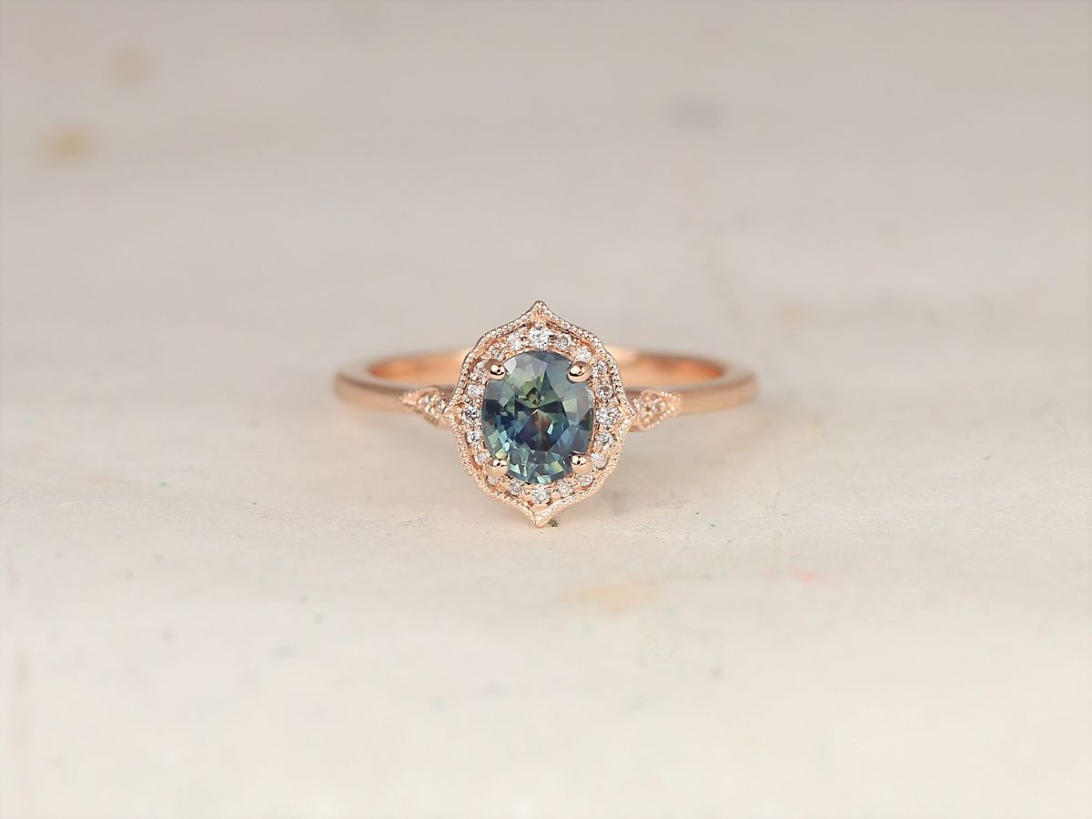 0.96ct Ready to Ship Mae 14kt Rose Gold Oval Jungle Teal Sapphire Diamond Unique Oval Halo WITH Milgrain Engagement Ring,Rosados Box