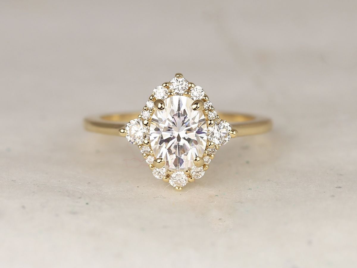 1.50cts Nola 8x6mm 14kt Gold Moissanite Diamond Compass Halo Ring by Rosados Box