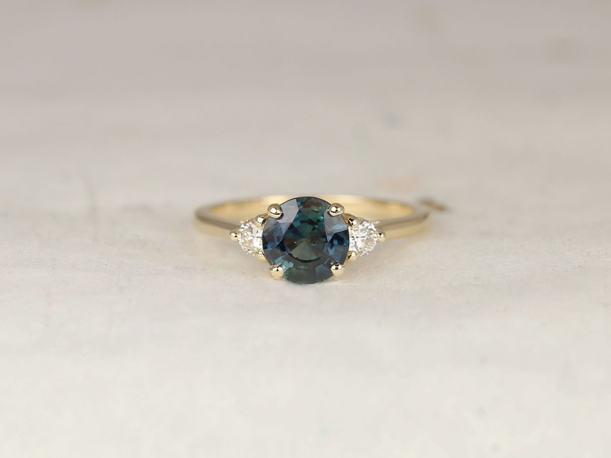 1.53ct Ready to Ship Colette 14kt Gold Ocean Teal Sapphire Diamond Three Stone Ring