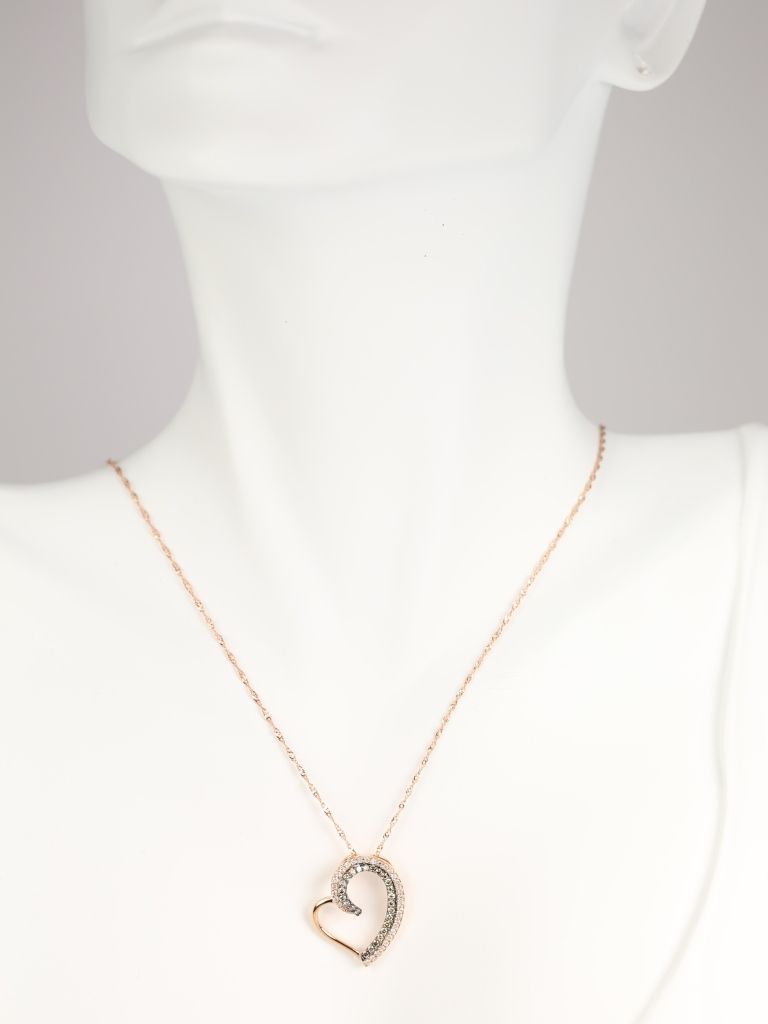 14kt Rose Gold Asymmetrical Heart Champagne and White Diamonds Pendant Necklace