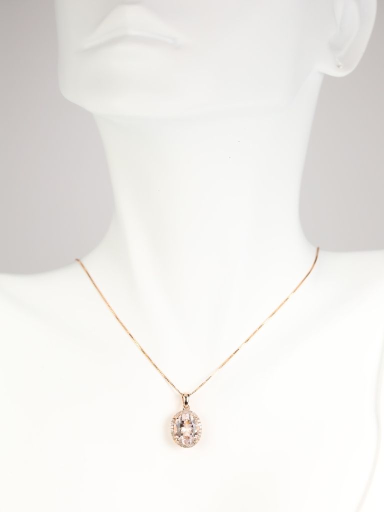 Ready to Ship 14kt Rose Gold Oval 10x8mm Morganite and Diamonds Halo Pendant Necklace