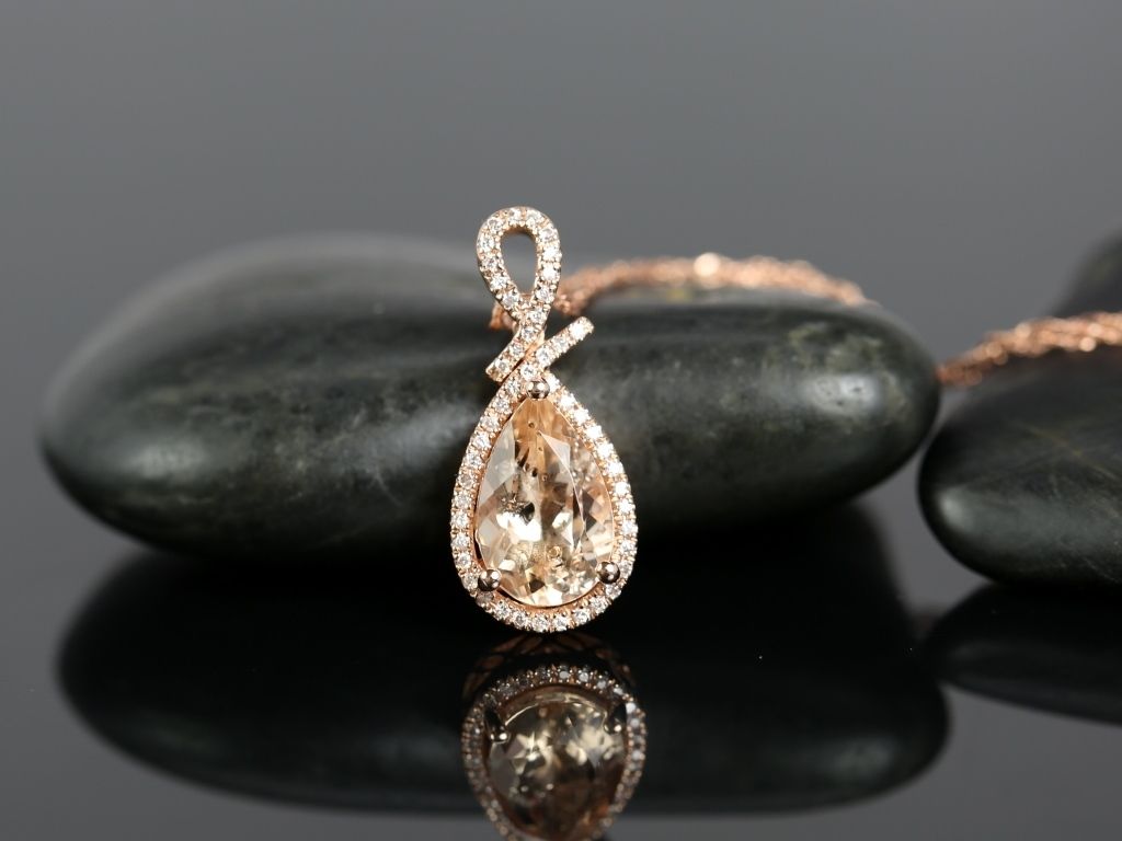 Ready to Ship 14kt Rose Gold Pear 11x7mm Morganite and Diamond Halo Pendant Necklace