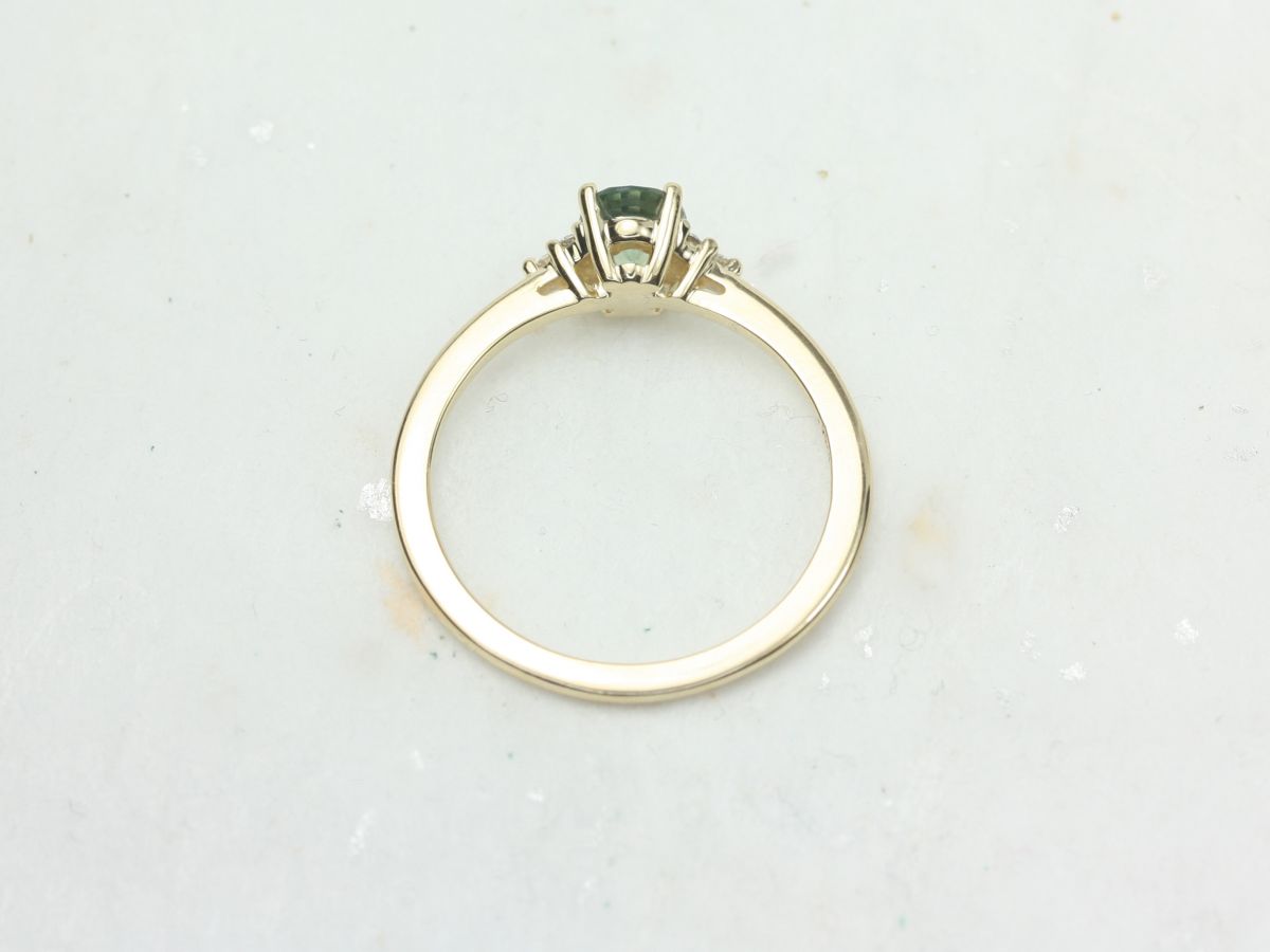 0.88ct Ready to Ship Juniper 14kt Gold Green Tea Teal Sapphire Diamond Dainty Oval Cluster 3 Stone Ring,Rosados Box
