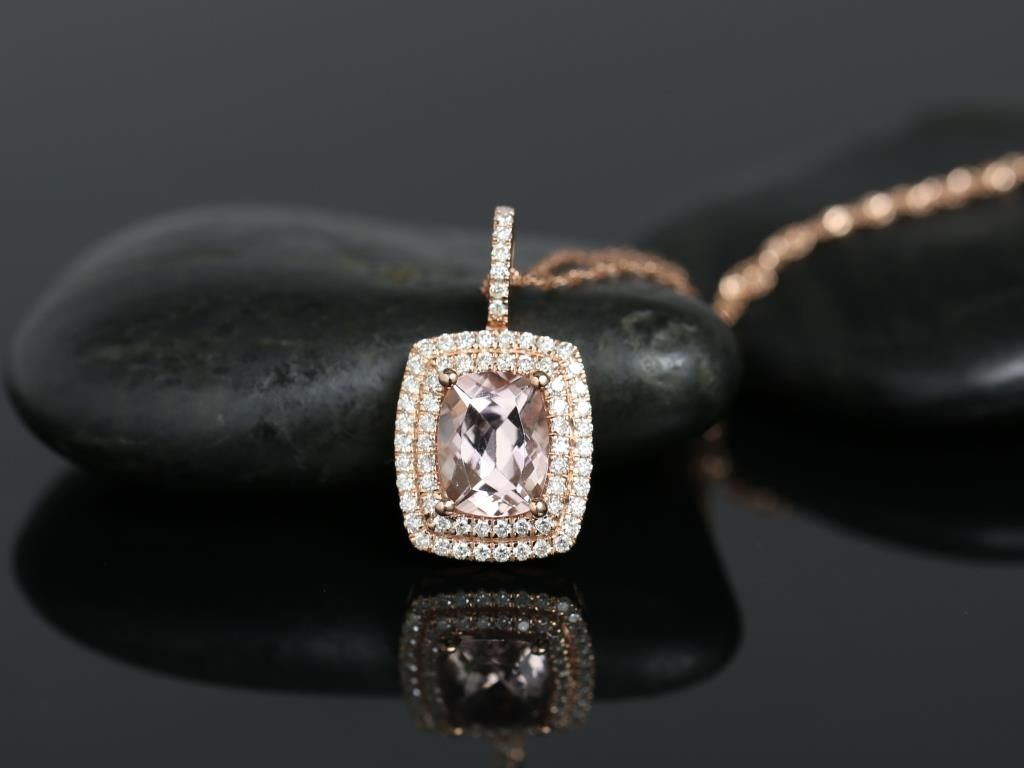 Ready to Ship 14kt Rose Gold Rectangle Cushion 9x7mm Morganite and Diamonds Double Halo Pendant Necklace