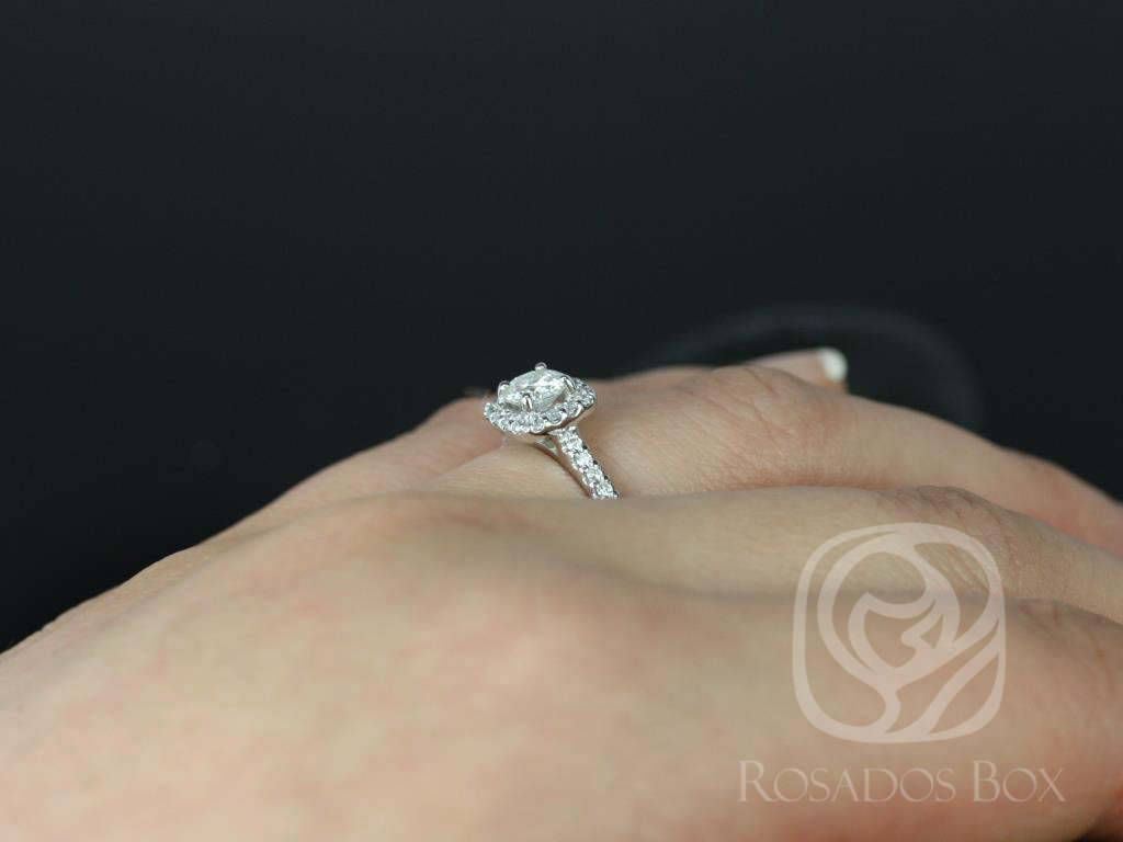 Rosados Box Ready to Ship Mikena 5mm 14kt ROSE Gold Round F1- Moissanite and Diamonds Halo Engagement Ring