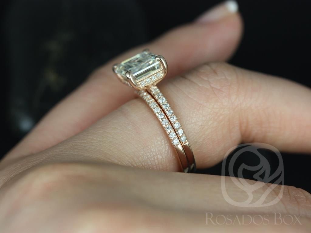 SALE Rosados Box Ready to Ship Becca 10x8mm 14kt Rose Gold Emerald FB Moissanite and Diamonds Classic Wedding Set