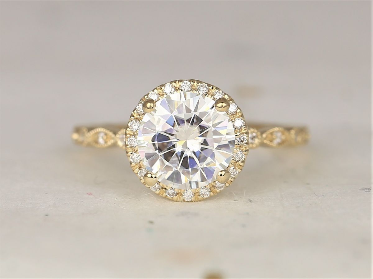 2ct Georgia 8mm 14kt Solid Gold Moissanite Diamonds Dainty Art Deco Round Halo WITH Milgrain Engagement Ring,Rosados Box