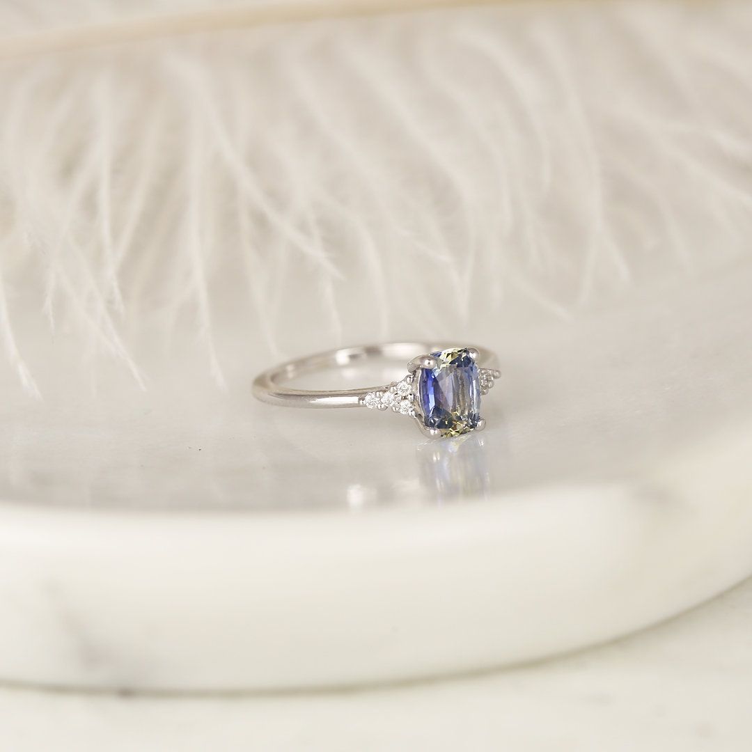 1.19ct Ready to Ship Marlow 14kt White Gold Cornflower Lavender Sapphire Diamond Dainty Elongated Cushion Cluster 3 Stone Ring,Rosados Box