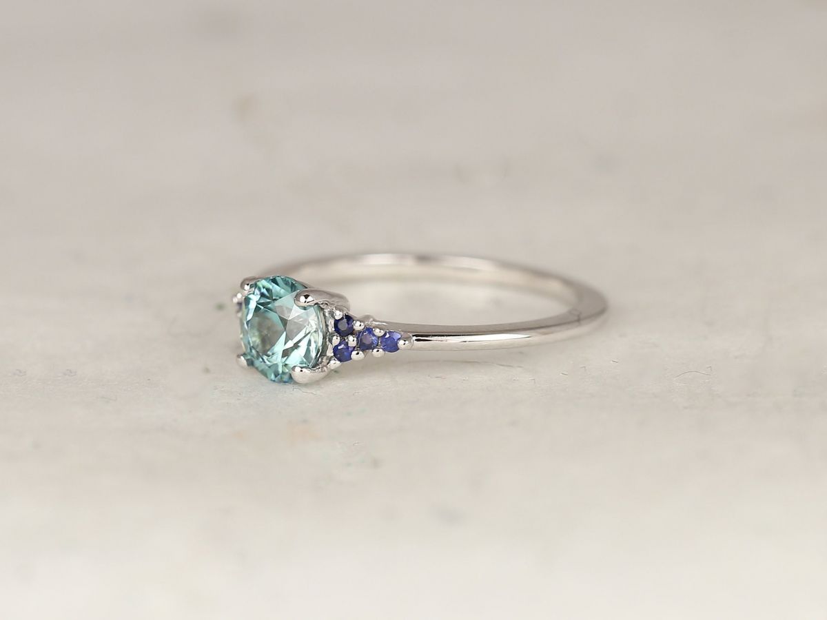 1.21ct Ready to Ship Malia 14kt White Gold Bright Teal Zircon Blue Sapphire Dainty Cluster Ring