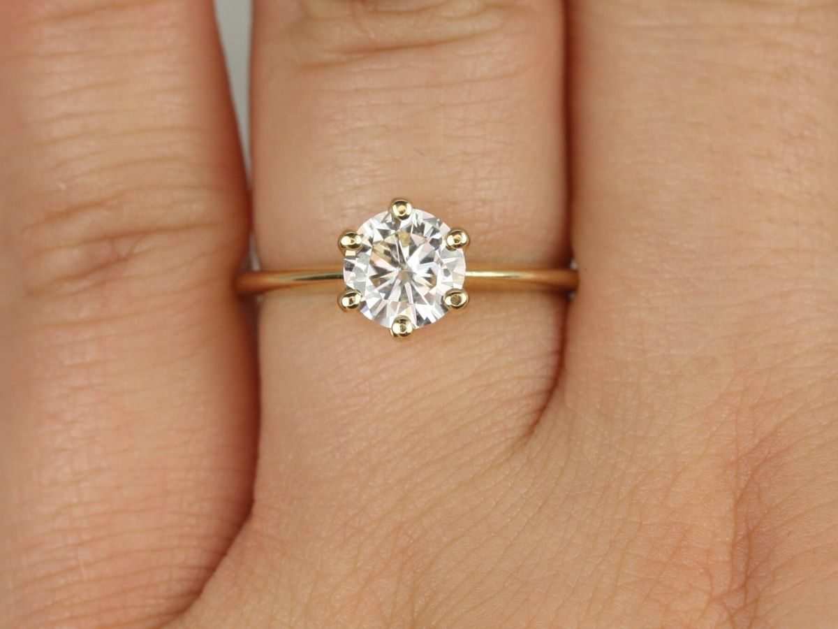 1ct Skinny Webster 6.5mm 14kt Gold Moissanite Six Prong Round Solitaire Ring by Rosados Box