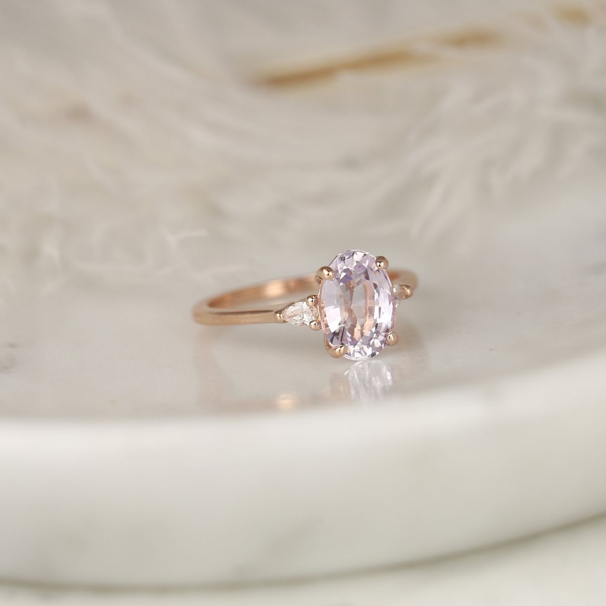 2.80ct Ready to Ship Petite Emery 14kt Rose Gold Blush Peach Sapphire Diamond Minimalist 3 Stone Pear Oval Engagement Ring,Rosados Box